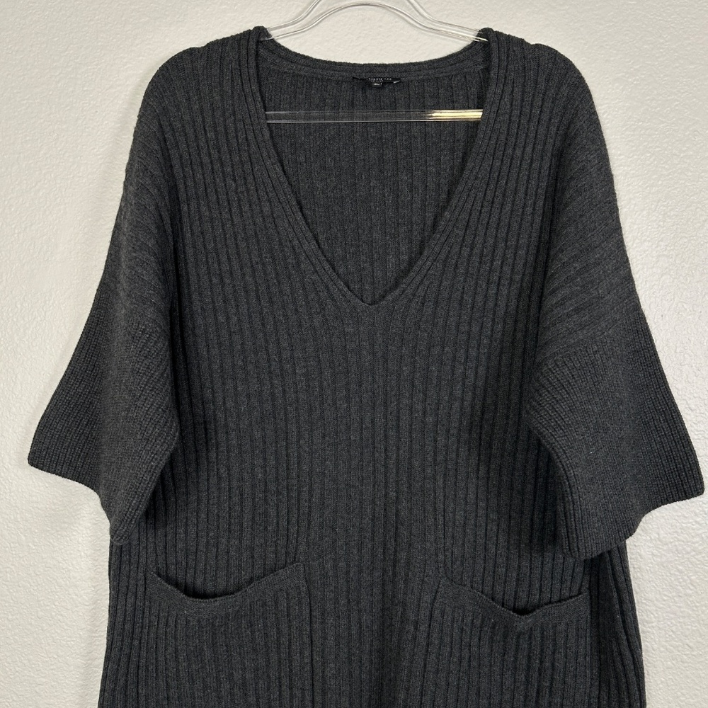 Lafayette 148 size XL short sleeve v-neck sweater 100% wool ribbed gray w pocket - Picture 2 of 11